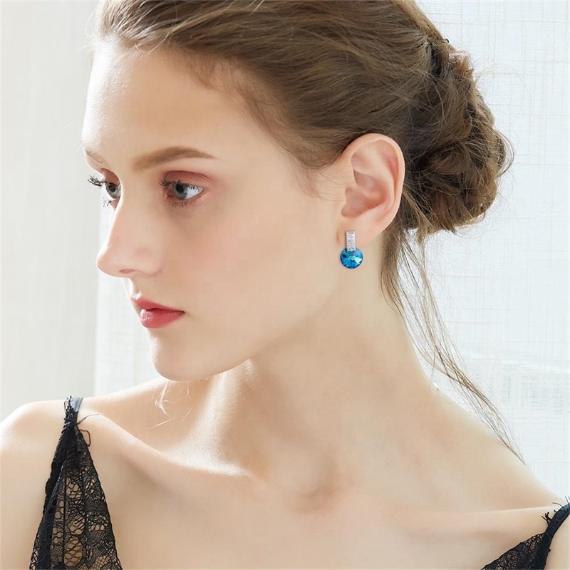 Swarovski Taşlı  Mavi Yuvarlak Küpe (Altın Kaplama) - E0763 Görseli